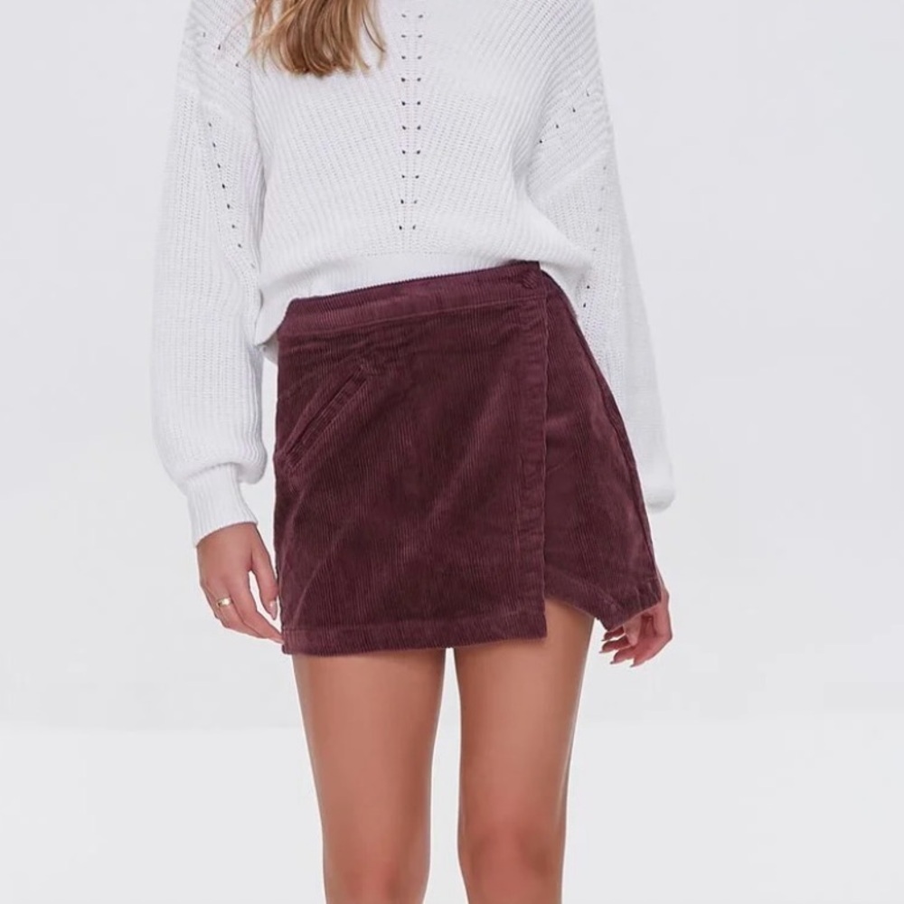 Forever 21 Corduroy Mini Skirt Sz L Burgundy Pocket Retro Boho Indie Y2K 90s - Picture 10 of 10